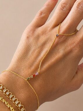 14K Gold Plated Rhodium Hand Chain, Multi-Color Gemstone Slave Bracelet